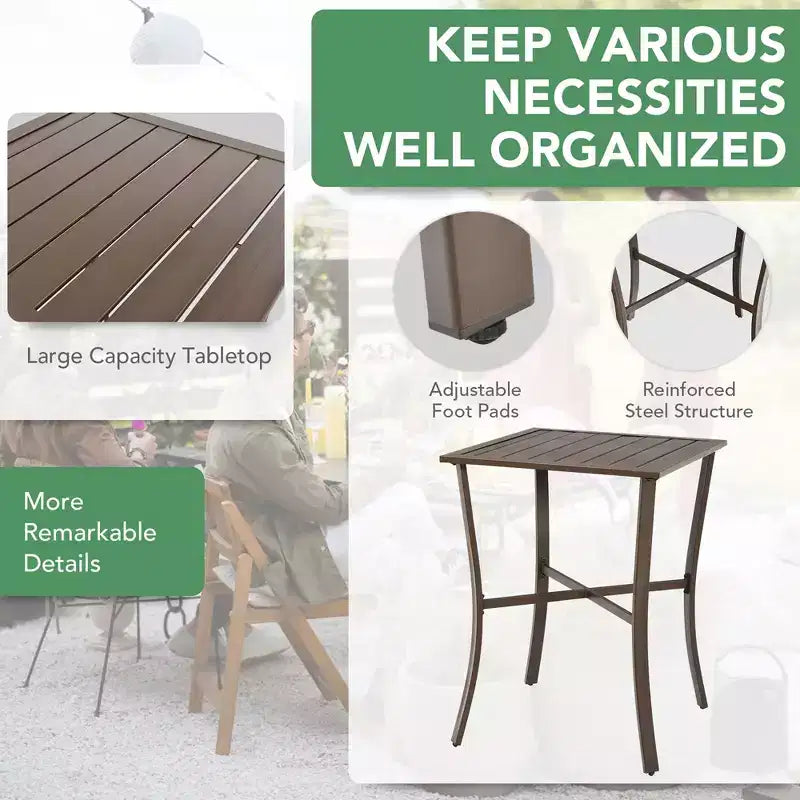 Costway 3PCS Patio Rattan Bar Furniture Set Slat Table 2 Cushioned Stools Poolside Brown