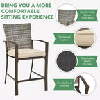 Costway 3PCS Patio Rattan Bar Furniture Set Slat Table 2 Cushioned Stools Poolside Brown