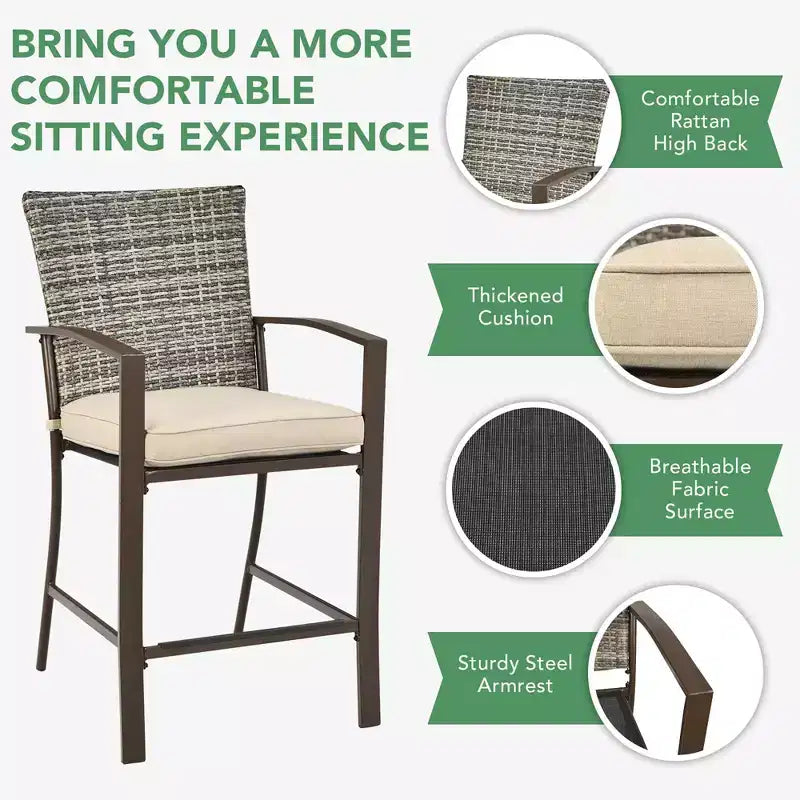 Costway 3PCS Patio Rattan Bar Furniture Set Slat Table 2 Cushioned Stools Poolside Brown