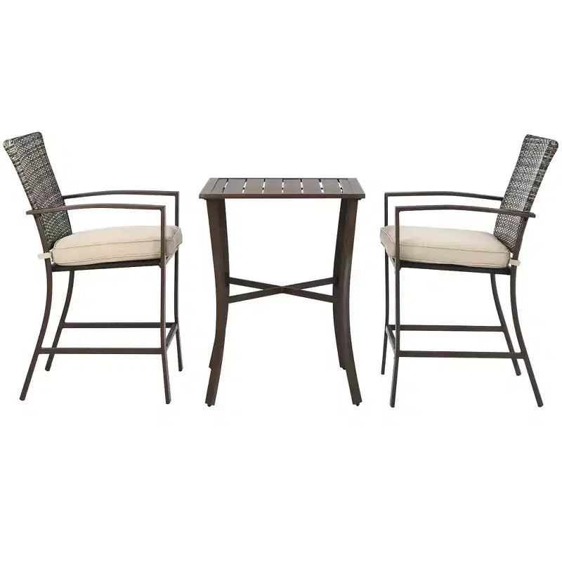 Costway 3PCS Patio Rattan Bar Furniture Set Slat Table 2 Cushioned Stools Poolside Brown