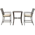 Costway 3PCS Patio Rattan Bar Furniture Set Slat Table 2 Cushioned Stools Poolside Brown