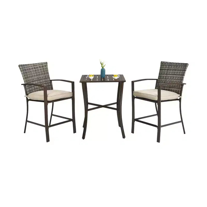 Costway 3PCS Patio Rattan Bar Furniture Set Slat Table 2 Cushioned Stools Poolside Brown