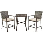 Costway 3PCS Patio Rattan Bar Furniture Set Slat Table 2 Cushioned Stools Poolside Brown