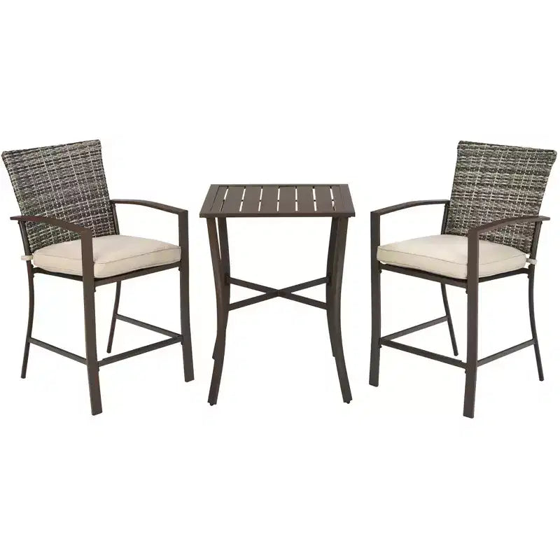 Costway 3PCS Patio Rattan Bar Furniture Set Slat Table 2 Cushioned Stools Poolside Brown
