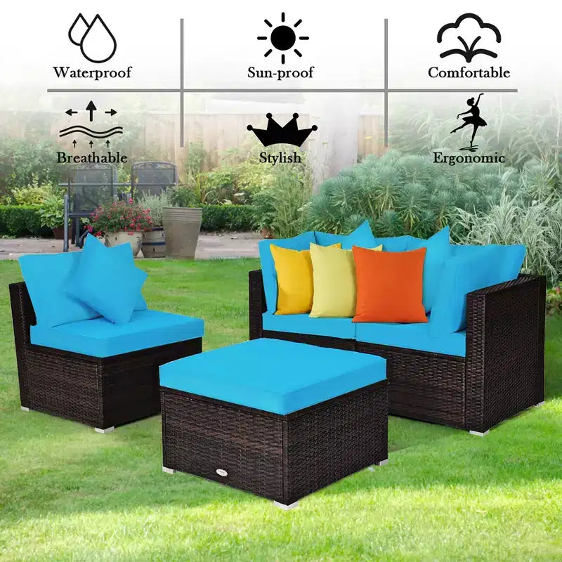 Ensemble de meubles de patio en rotin tressé Costway 4 pièces avec coussins, canapé, ottoman, jardin, turquoise/rouge