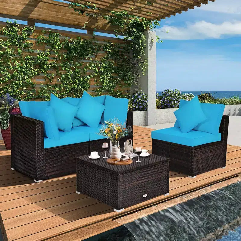 Ensemble de meubles de patio en rotin tressé Costway 4 pièces avec coussins, canapé, ottoman, jardin, turquoise/rouge