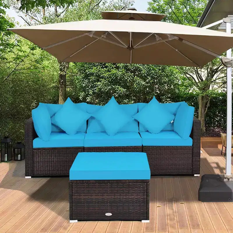 Ensemble de meubles de patio en rotin tressé Costway 4 pièces avec coussins, canapé, ottoman, jardin, turquoise/rouge