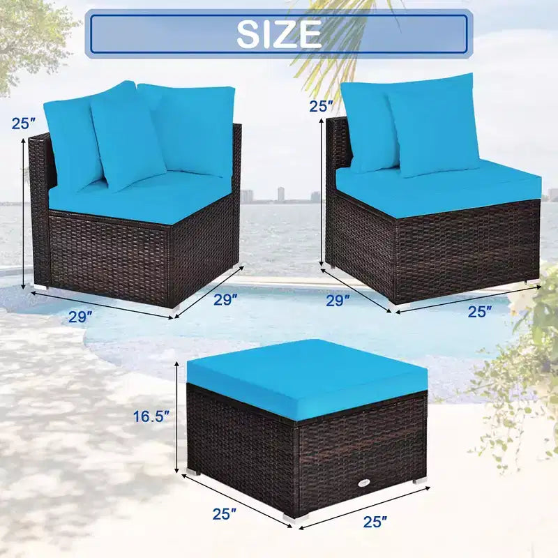 Ensemble de meubles de patio en rotin tressé Costway 4 pièces avec coussins, canapé, ottoman, jardin, turquoise/rouge