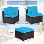 Ensemble de meubles de patio en rotin tressé Costway 4 pièces avec coussins, canapé, ottoman, jardin, turquoise/rouge