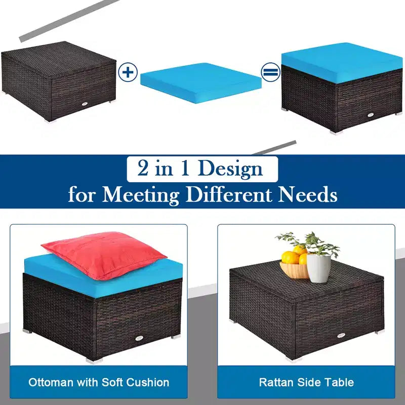 Ensemble de meubles de patio en rotin tressé Costway 4 pièces avec coussins, canapé, ottoman, jardin, turquoise/rouge