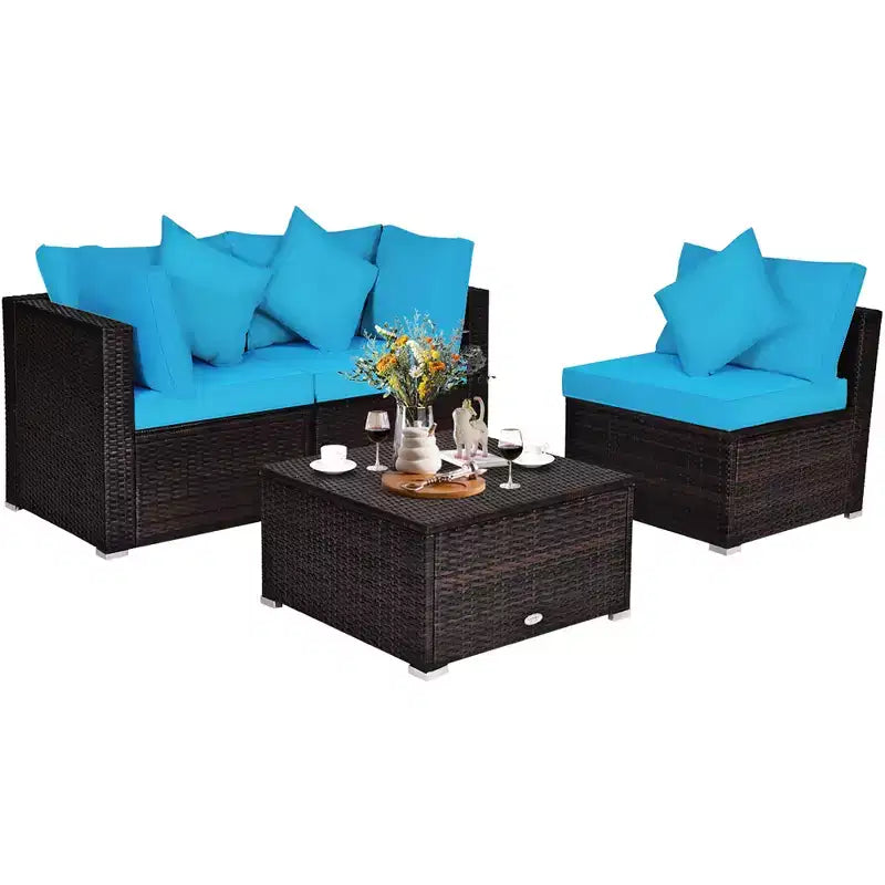 Ensemble de meubles de patio en rotin tressé Costway 4 pièces avec coussins, canapé, ottoman, jardin, turquoise/rouge