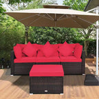 Ensemble de meubles de patio en rotin tressé Costway 4 pièces avec coussins, canapé, ottoman, jardin, turquoise/rouge