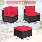 Ensemble de meubles de patio en rotin tressé Costway 4 pièces avec coussins, canapé, ottoman, jardin, turquoise/rouge
