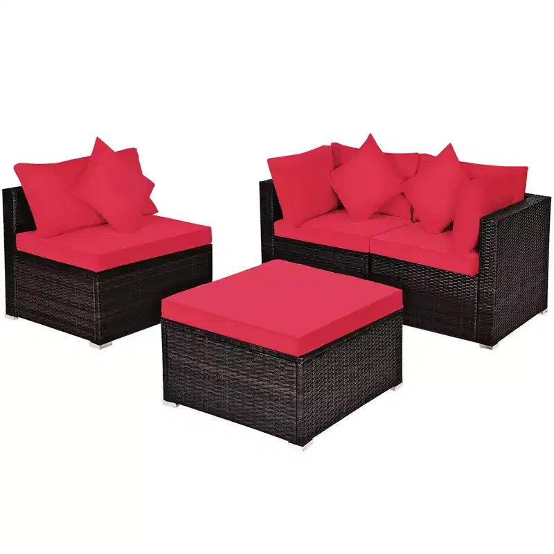Ensemble de meubles de patio en rotin tressé Costway 4 pièces avec coussins, canapé, ottoman, jardin, turquoise/rouge