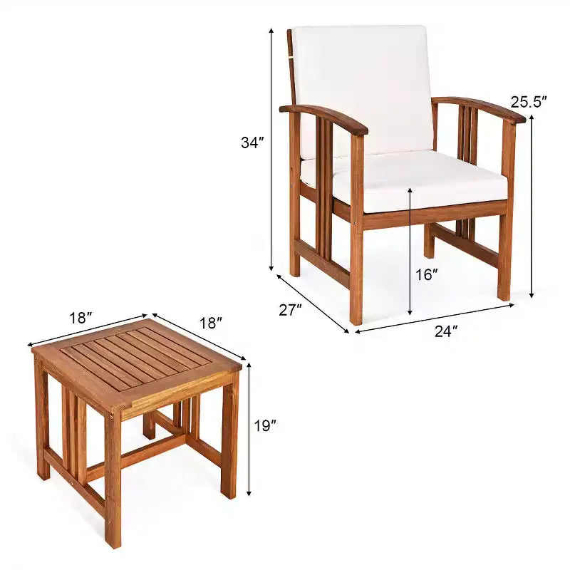 Costway 3PC Outdoor Patio Sofa Furniture Set Solid Wood Cushioned Conversation Set White