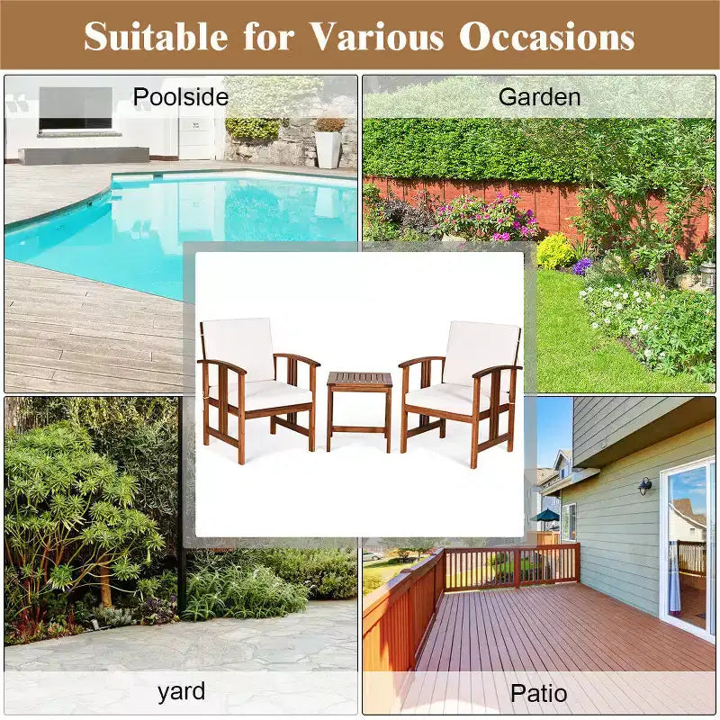 Costway 3PC Outdoor Patio Sofa Furniture Set Solid Wood Cushioned Conversation Set White