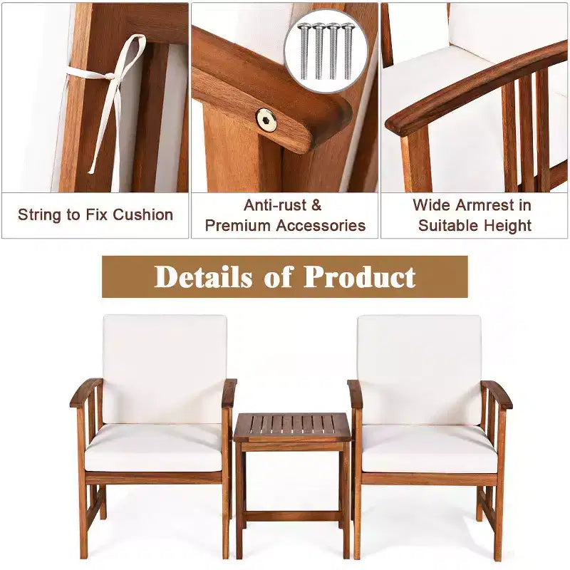 Costway 3PC Outdoor Patio Sofa Furniture Set Solid Wood Cushioned Conversation Set White