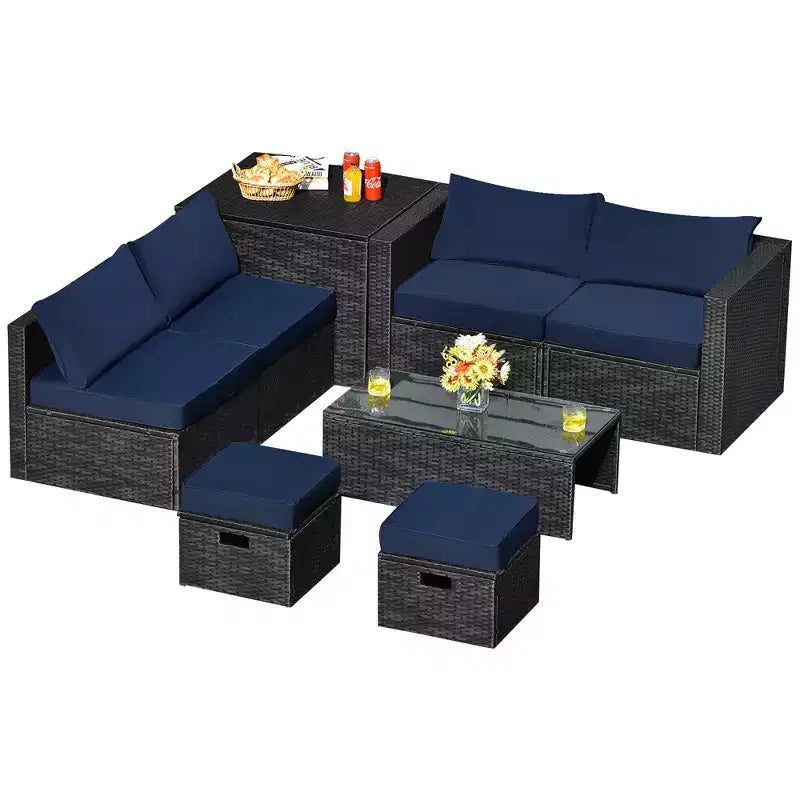 Costway 8PCS Patio Rattan Furniture Set Storage Table Ottoman cover