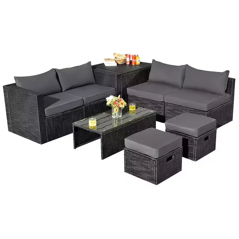 Costway 8PCS Patio Rattan Furniture Set Storage Table Ottoman cover