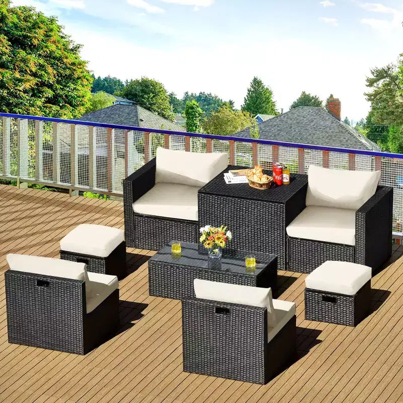 Costway 8PCS Patio Rattan Furniture Set Storage Table Ottoman cover