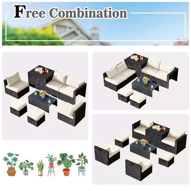 Costway 8PCS Patio Rattan Furniture Set Storage Table Ottoman cover