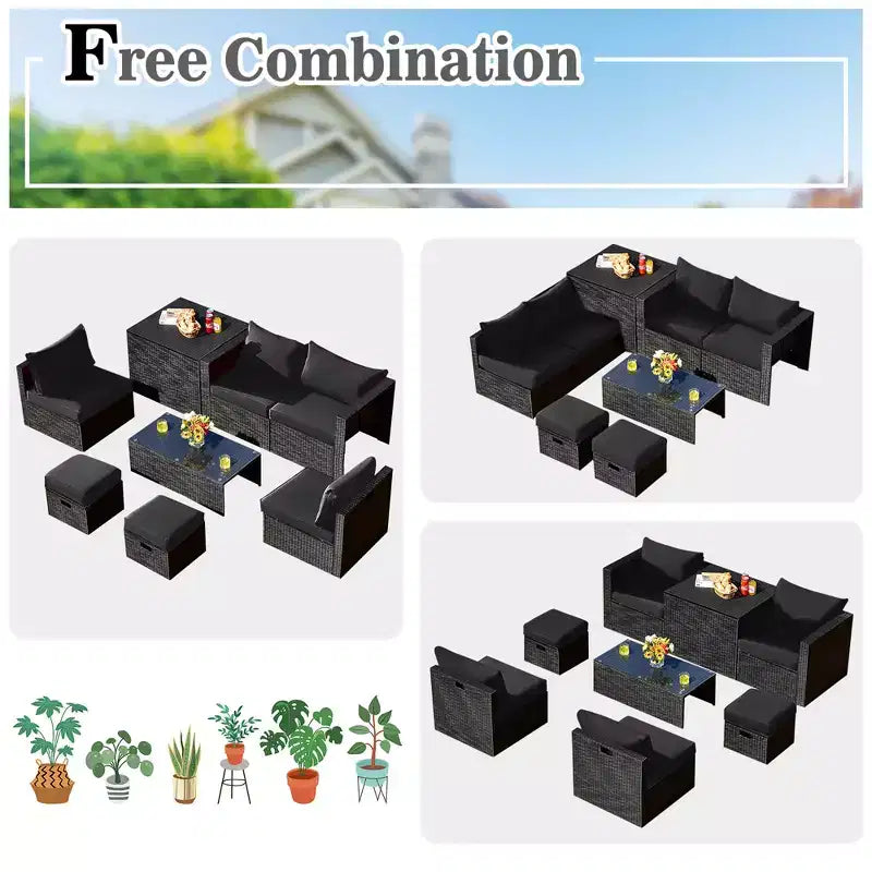 Costway 8PCS Patio Rattan Furniture Set Storage Table Ottoman cover