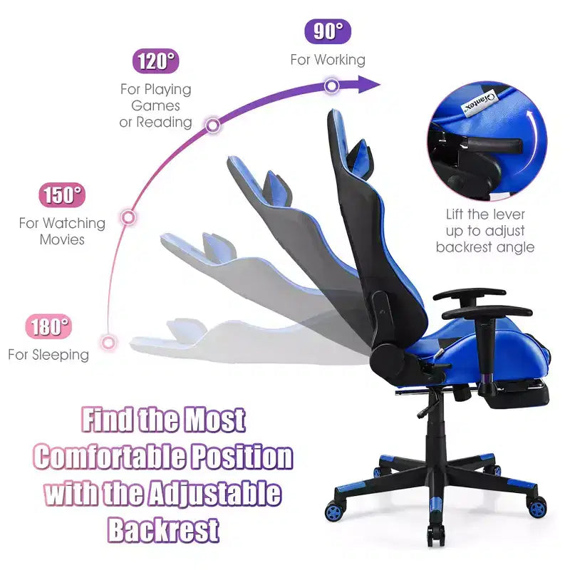 Costway Massage Gaming Chair Reclining Racing Office Computer Chair with Footrest White\Blue\Pink\Red