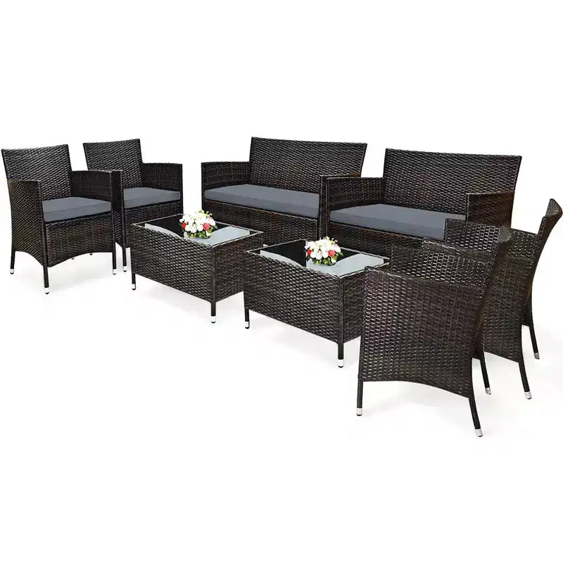 Costway 8PCS Rattan Patio Furniture Set Cushioned Sofa Chair