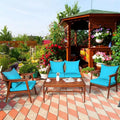 Costway 4PCS Patio Rattan Furniture Set Acacia Wood Frame Cushioned Sofa Chair Turquoise