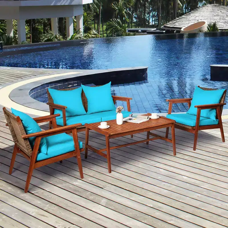 Costway Ensemble de Meubles de Jardin 4 Pièces en Rotin Cadre en Bois d'Acacia Canapé-Fauteuil Coussins Turquoise