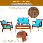 Costway Ensemble de Meubles de Jardin 4 Pièces en Rotin Cadre en Bois d'Acacia Canapé-Fauteuil Coussins Turquoise