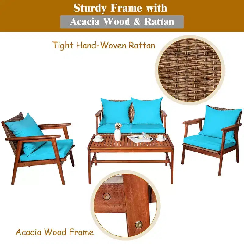 Costway Ensemble de Meubles de Jardin 4 Pièces en Rotin Cadre en Bois d'Acacia Canapé-Fauteuil Coussins Turquoise