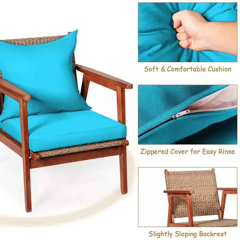 Costway Ensemble de Meubles de Jardin 4 Pièces en Rotin Cadre en Bois d'Acacia Canapé-Fauteuil Coussins Turquoise