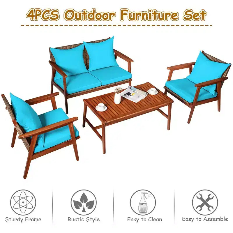 Costway Ensemble de Meubles de Jardin 4 Pièces en Rotin Cadre en Bois d'Acacia Canapé-Fauteuil Coussins Turquoise