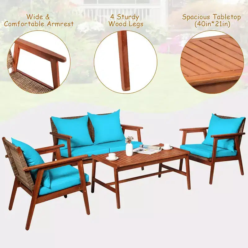 Costway Ensemble de Meubles de Jardin 4 Pièces en Rotin Cadre en Bois d'Acacia Canapé-Fauteuil Coussins Turquoise