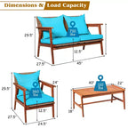 Costway Ensemble de Meubles de Jardin 4 Pièces en Rotin Cadre en Bois d'Acacia Canapé-Fauteuil Coussins Turquoise