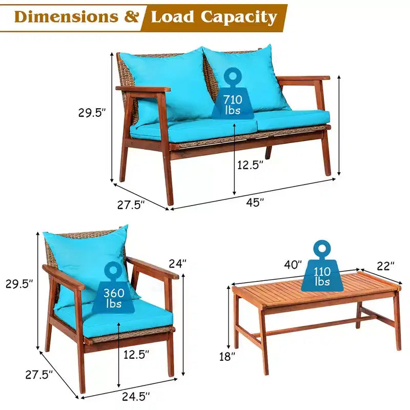 Costway Ensemble de Meubles de Jardin 4 Pièces en Rotin Cadre en Bois d'Acacia Canapé-Fauteuil Coussins Turquoise