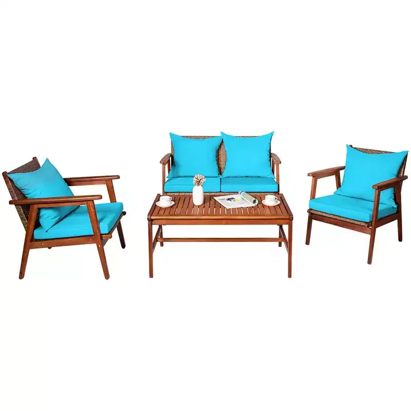 Costway Ensemble de Meubles de Jardin 4 Pièces en Rotin Cadre en Bois d'Acacia Canapé-Fauteuil Coussins Turquoise