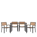 Emma and Oliver 5 Piece Patio Table Set - Synthetic Teak Poly Slats - 30 x 48 Steel Framed Table with Umbrella Holder Hole - 4 Stackable Club Chairs