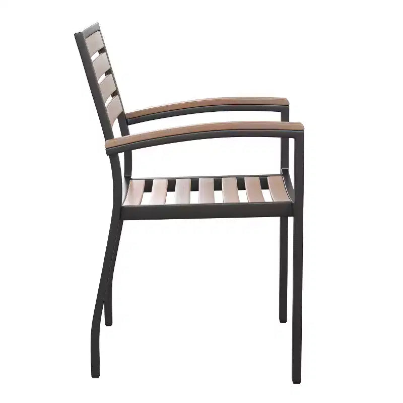 Emma and Oliver 5 Piece Patio Table Set - Synthetic Teak Poly Slats - 30 x 48 Steel Framed Table with Umbrella Holder Hole - 4 Stackable Club Chairs