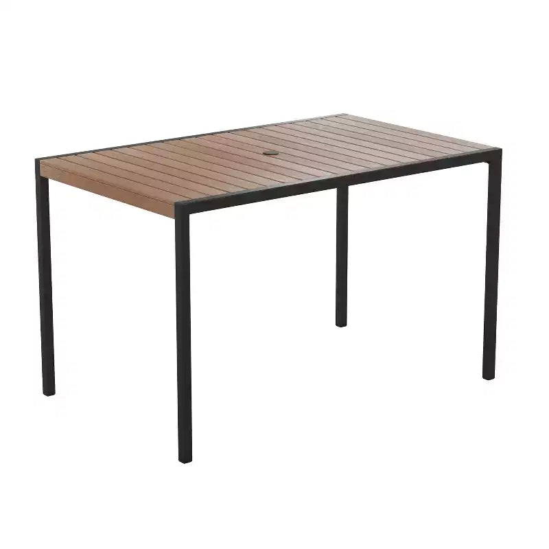Emma and Oliver 5 Piece Patio Table Set - Synthetic Teak Poly Slats - 30 x 48 Steel Framed Table with Umbrella Holder Hole - 4 Stackable Club Chairs