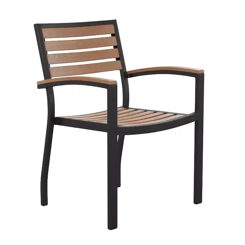 Emma and Oliver 5 Piece Patio Table Set - Synthetic Teak Poly Slats - 30 x 48 Steel Framed Table with Umbrella Holder Hole - 4 Stackable Club Chairs
