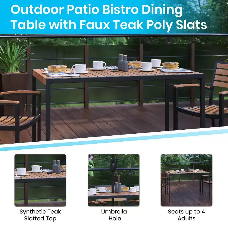 Emma and Oliver 5 Piece Patio Table Set - Synthetic Teak Poly Slats - 30 x 48 Steel Framed Table with Umbrella Holder Hole - 4 Stackable Club Chairs