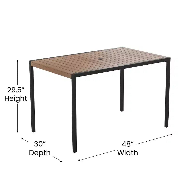 Emma and Oliver 5 Piece Patio Table Set - Synthetic Teak Poly Slats - 30 x 48 Steel Framed Table with Umbrella Holder Hole - 4 Stackable Club Chairs