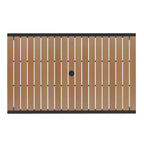 Emma and Oliver 5 Piece Patio Table Set - Synthetic Teak Poly Slats - 30 x 48 Steel Framed Table with Umbrella Holder Hole - 4 Stackable Club Chairs