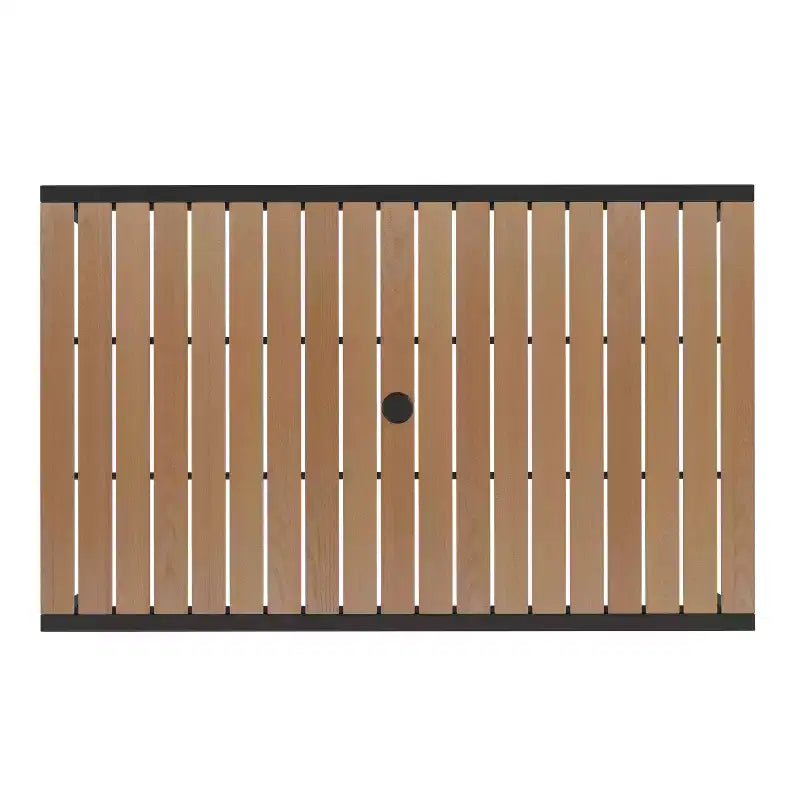 Emma and Oliver 5 Piece Patio Table Set - Synthetic Teak Poly Slats - 30 x 48 Steel Framed Table with Umbrella Holder Hole - 4 Stackable Club Chairs
