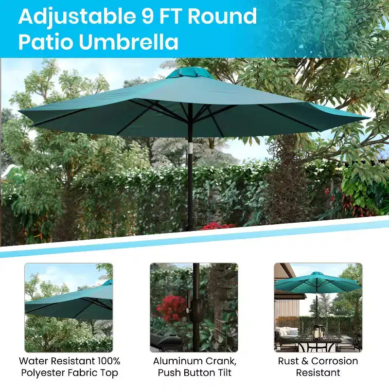 Ensemble de table de patio 7 pièces Emma et Oliver - 4 chaises empilables en faux teck synthétique - Table en faux teck - Parasol avec base