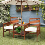 Costway Patio Loveseat Conversation Set Acacia Wood Chair Coffee Table Cushioned White\ Red