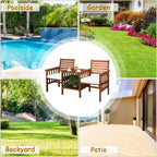 Costway Patio Loveseat Conversation Set Acacia Wood Chair Coffee Table Cushioned White\ Red