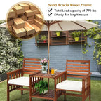 Costway Patio Loveseat Conversation Set Acacia Wood Chair Coffee Table Cushioned White\ Red